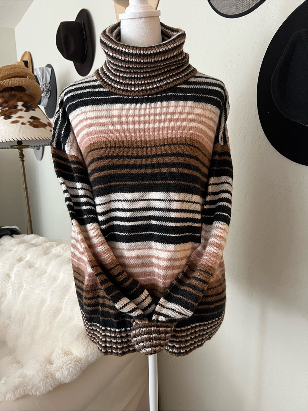 360SWEATER Italian Yarn Alpaca Merino Wool Striped Turtleneck Sweater M⁠